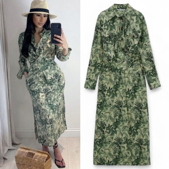ZARA Linen Safari Jungle Wrap Midi Shirt Dress Pockets Belted Button Maxi 14 - Picture 1 of 14